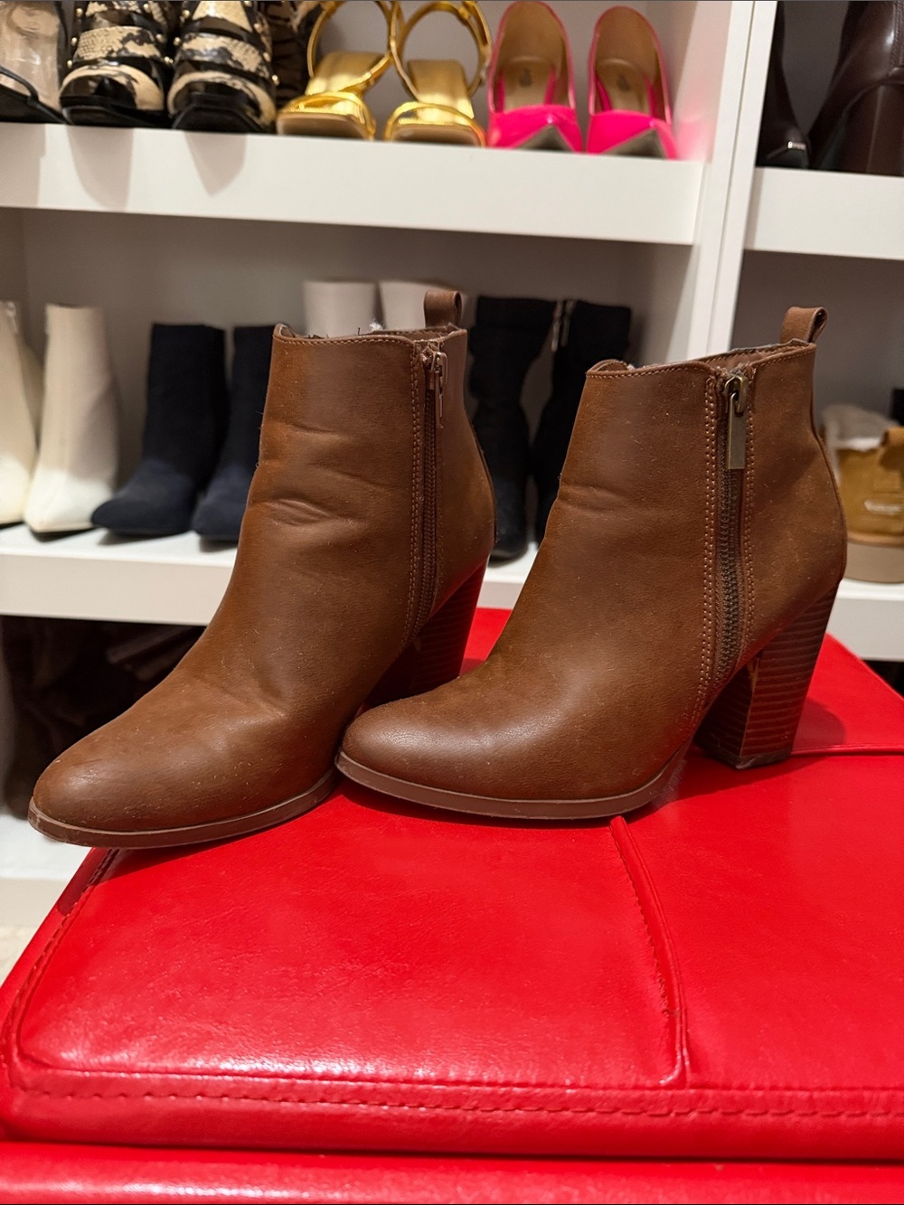 Diva Brown Leather Ankle Booties with Stacked Heel